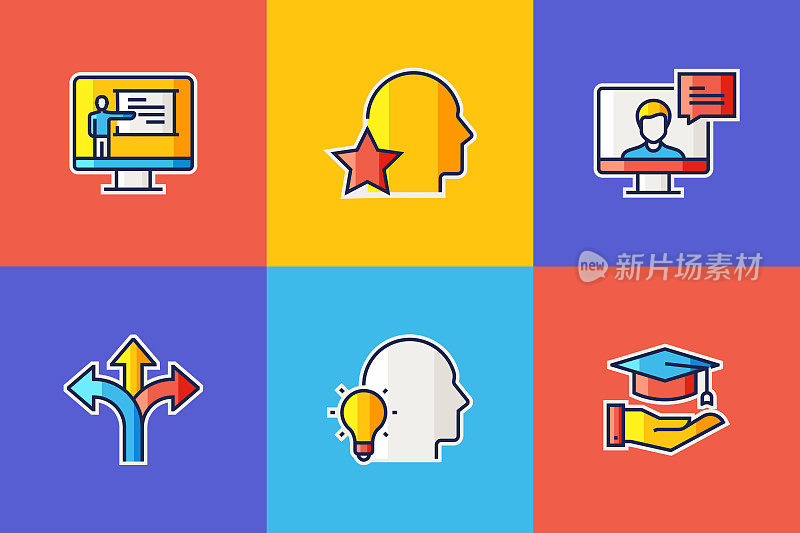 E-Learning, Online Education和Distance Education相关的扁平线图标。向量符号说明。